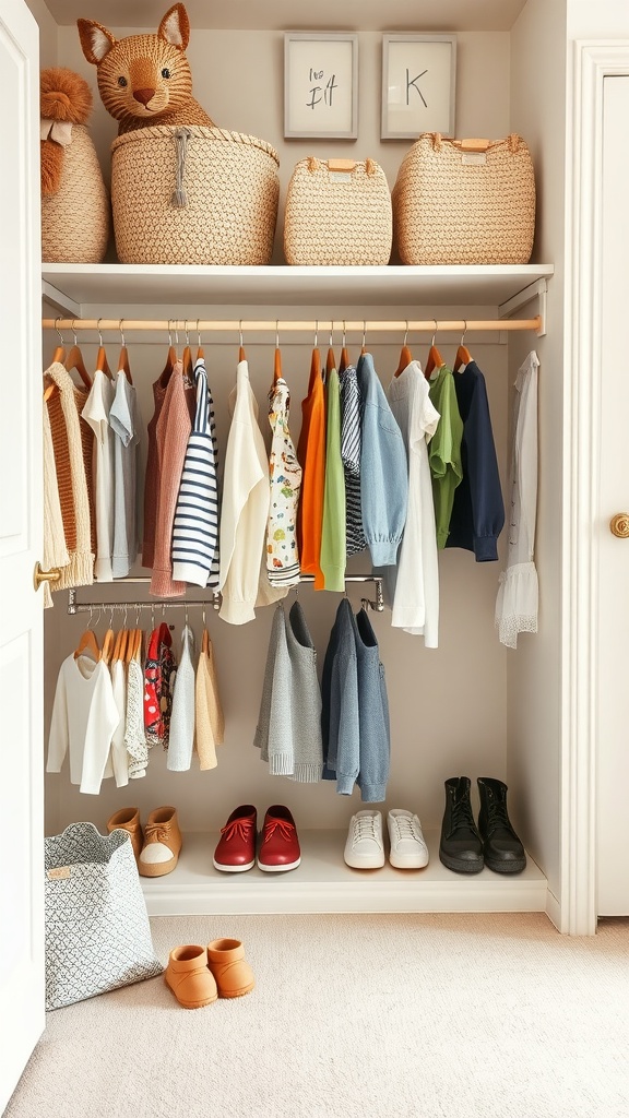 A well-organized toddler closet featuring colorful clothes, baskets for storage, and a variety of shoes.