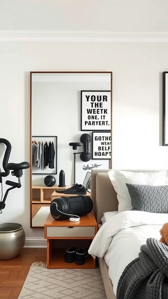 A stylish bedroom gym corner featuring a large mirror, motivational wall art, and workout equipment.