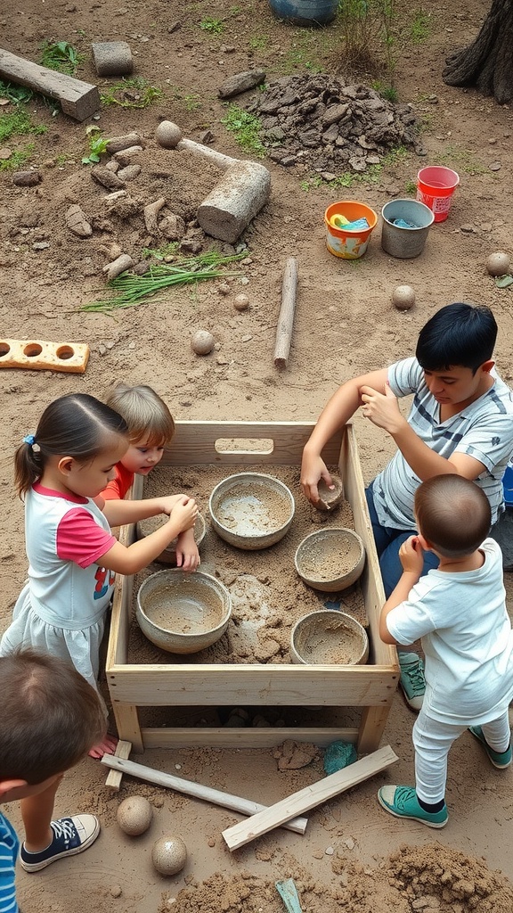 Children playing in a mud kitchen with bowls, sand, and natural elements.