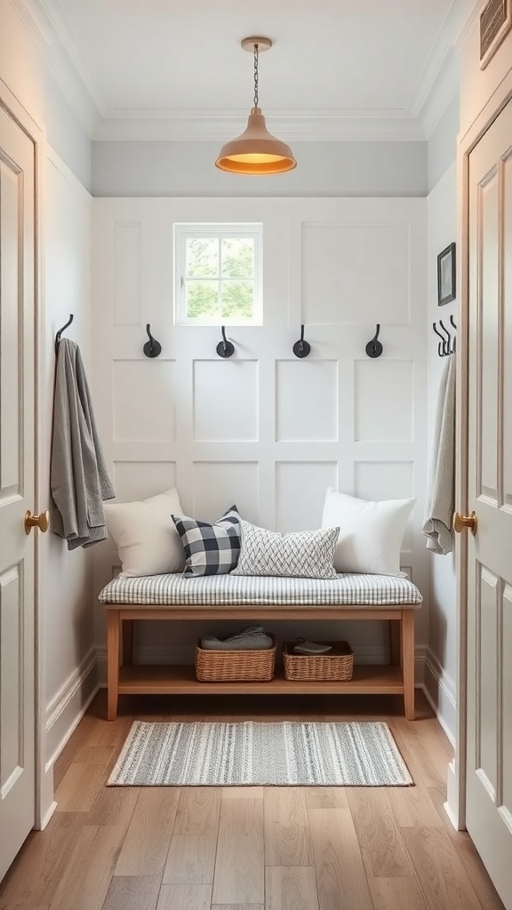 A small utility room with a bench, hooks on the wall, and a cozy feel.