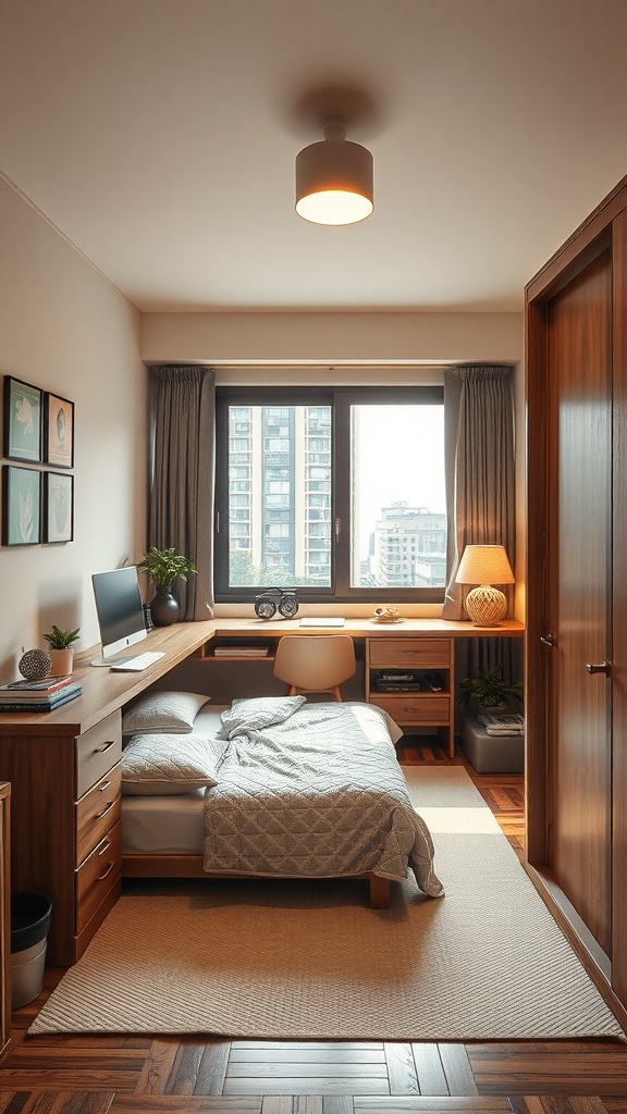 A modern Korean bedroom with a bed, wooden furniture, and a workspace next to a window.