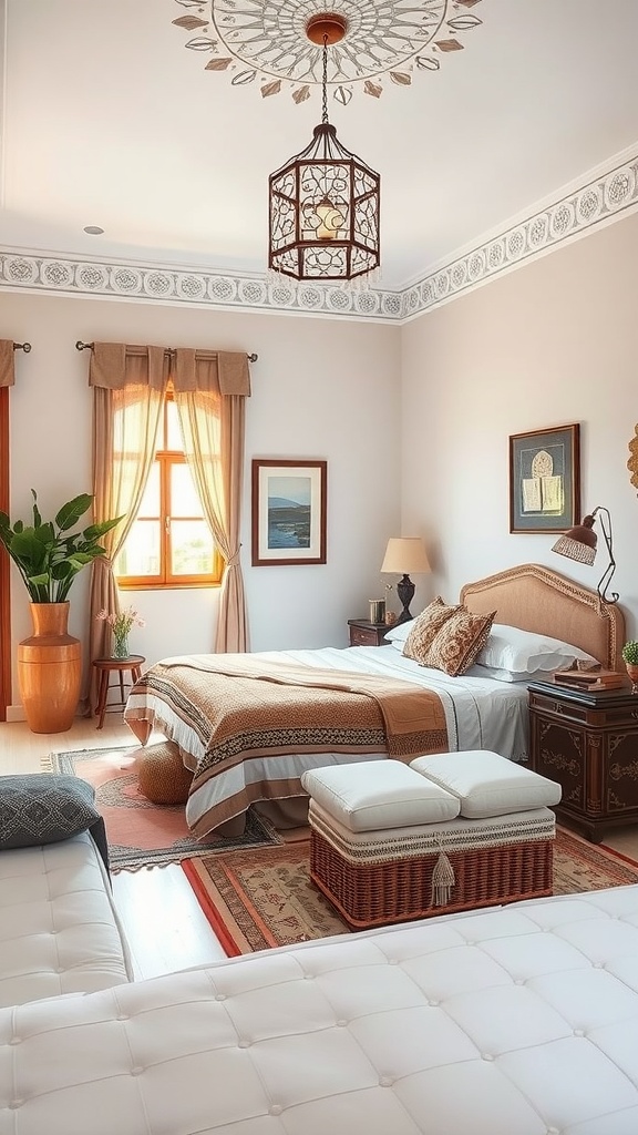 A beautifully decorated Moroccan bedroom featuring warm tones, a cozy bed, and multi-functional furniture.