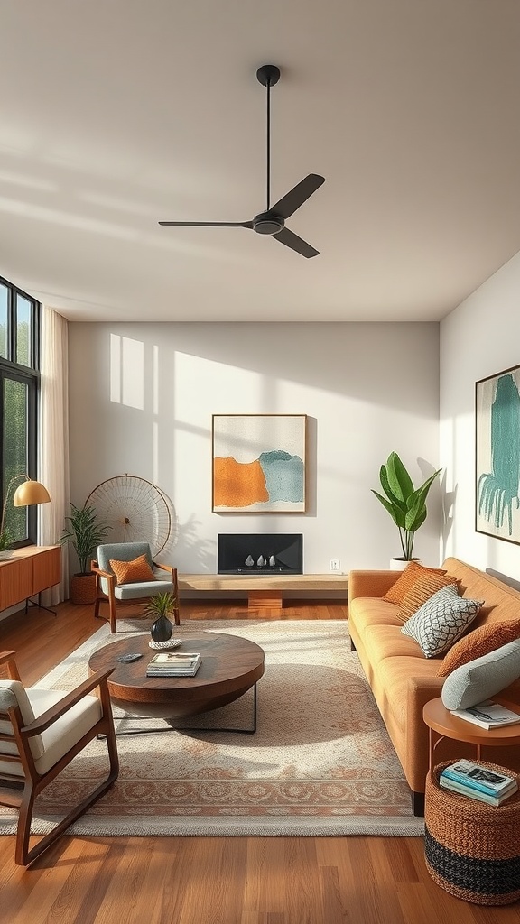 A cozy living room with earthy tones featuring a large window, an orange sofa, wooden furniture, plants, and a round coffee table.
