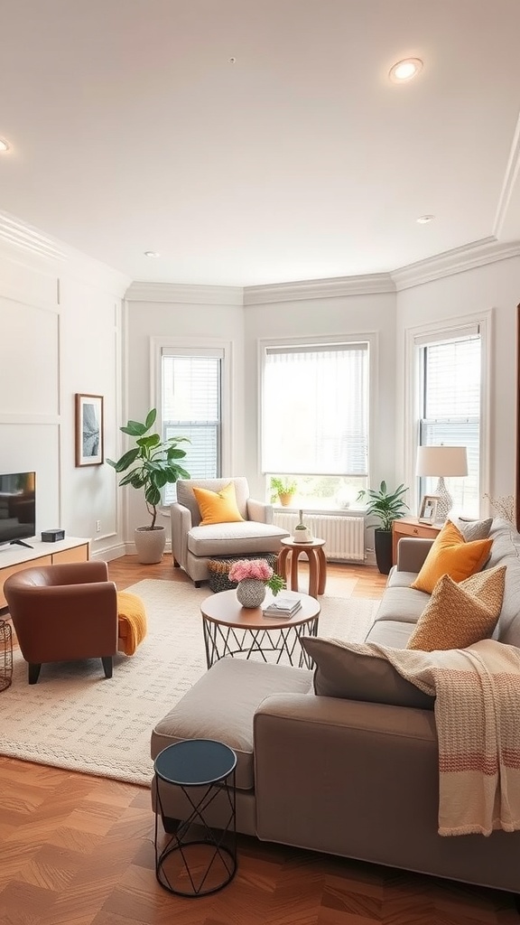 A cozy living room with a sofa, armchairs, coffee table, and plants, showcasing a multi-functional space.