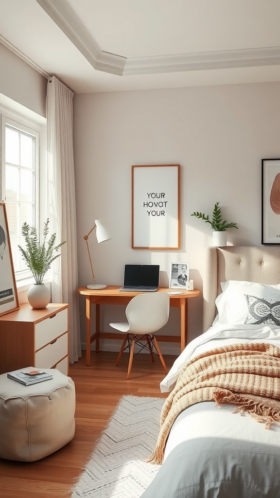 A cozy bedroom workspace with a wooden desk, white chair, and natural light.