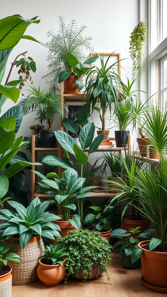 A cozy interior filled with various non-toxic house plants displayed on shelves and the floor.