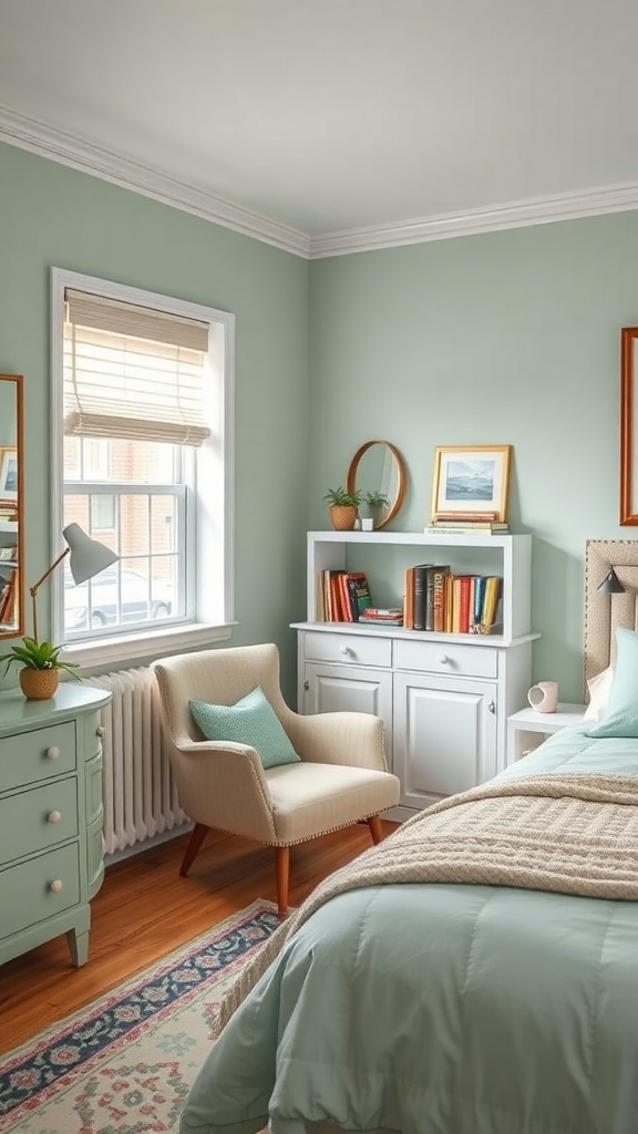 A pastel green bedroom featuring a cozy reading nook with a chair, bookshelf, and natural light.