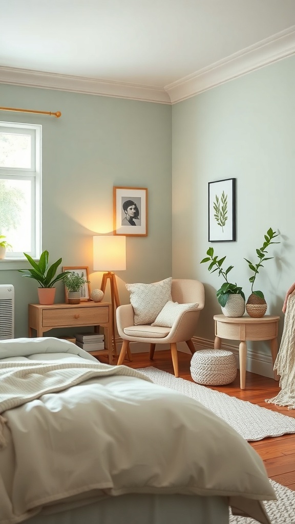 A cozy pastel green reading nook with a comfortable chair, plants, and soft lighting.
