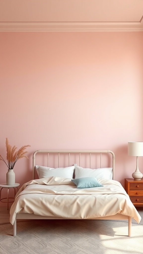 A cozy pastel bedroom with a soft pink wall, light bedspread, and decorative elements.