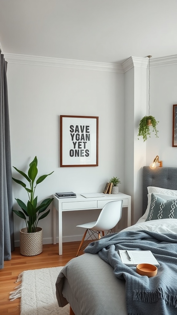 A cozy bedroom corner featuring a desk with a fitness journal, a plant, and motivational decor.