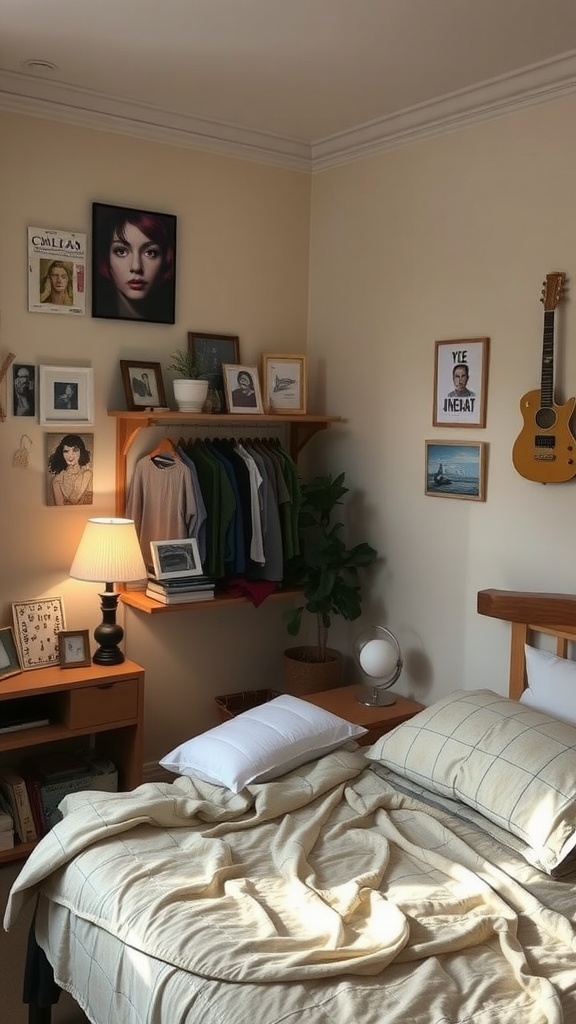 A cozy small bedroom featuring an unmade bed, wall art, hanging clothes, and warm lighting.