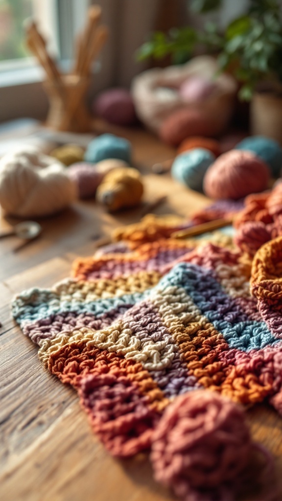 A crochet laptop sleeve displayed on a wooden table with colorful yarns in the background.