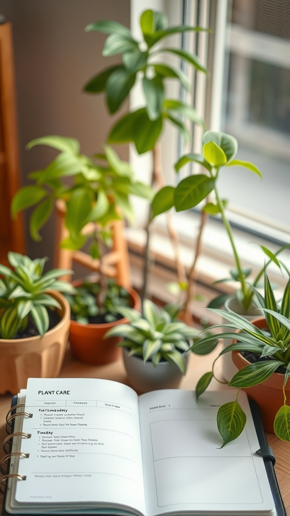 Open plant care planner next to vibrant houseplants by a window