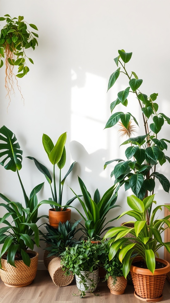A collection of various houseplants in decorative pots arranged in a cozy indoor setting.