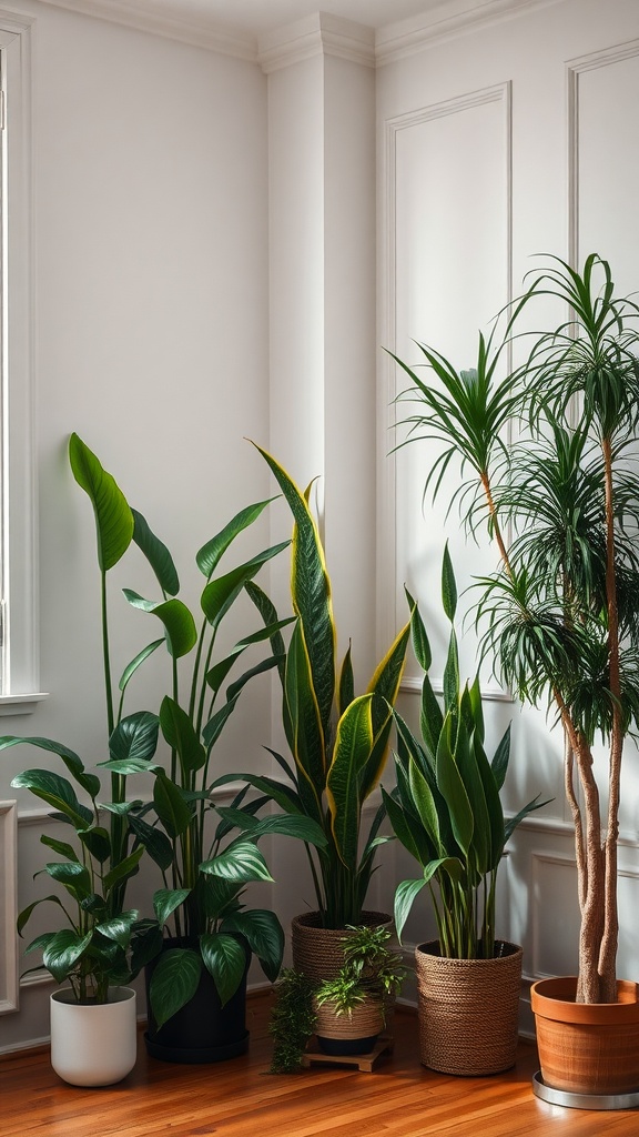 A selection of tall house plants arranged in a cozy corner with natural light.