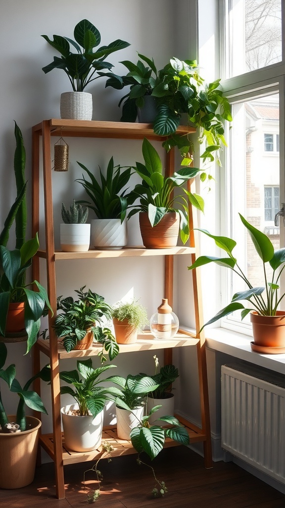 A wooden shelf filled with various houseplants, showcasing a mix of pot styles and arrangements by a window.