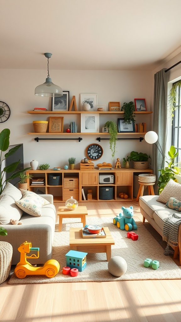 A cozy family room with a play zone for kids, featuring a soft seating area, colorful toys on a rug, and organized storage solutions.