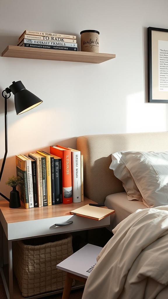 A cozy bedside shelf with neatly arranged books, a lamp, and a notepad.