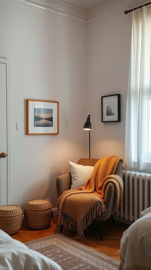 Cozy reading nook in a guest bedroom with an armchair, throw blanket, lamp, and decorative items.