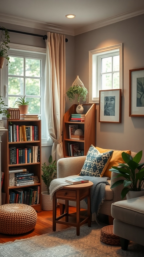 Cozy reading nook with a plush chair, colorful cushions, a bookshelf, and natural light.