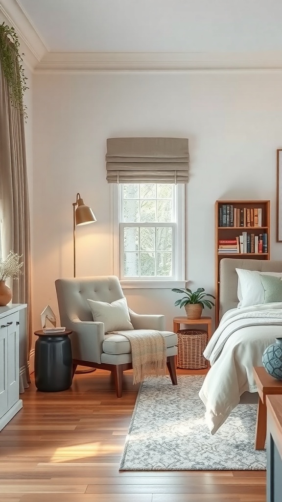 Cozy reading nook with a comfortable chair, lamp, and bookshelf