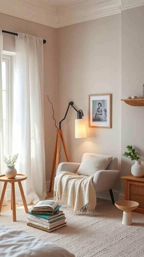 Cozy reading nook in a Scandinavian boho bedroom with a soft armchair, books, and natural light.