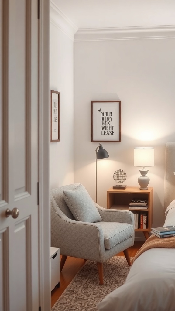 Cozy guest bedroom with a reading nook featuring a light blue chair, floor lamp, and wooden table with books.