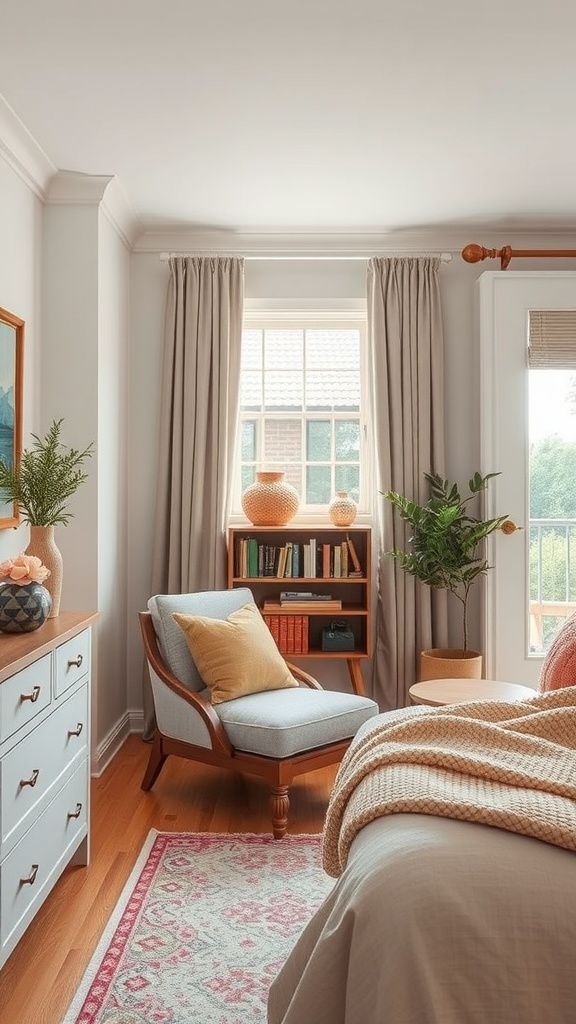 A cozy reading nook in a small bedroom featuring a comfortable chair, bookshelf, and natural light.