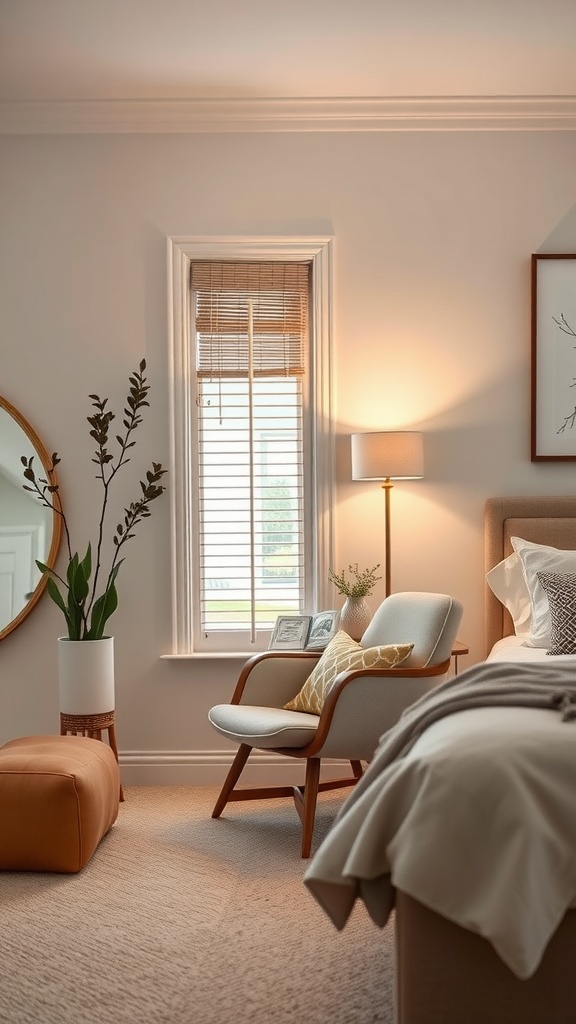 Cozy reading nook with a chair, ottoman, and plants in a clean girl bedroom.