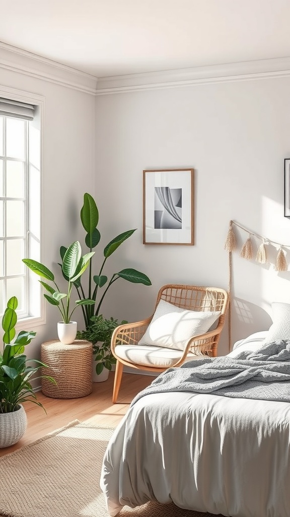 A cozy reading nook in a neutral aesthetic bedroom, featuring a rattan chair and lush plants.