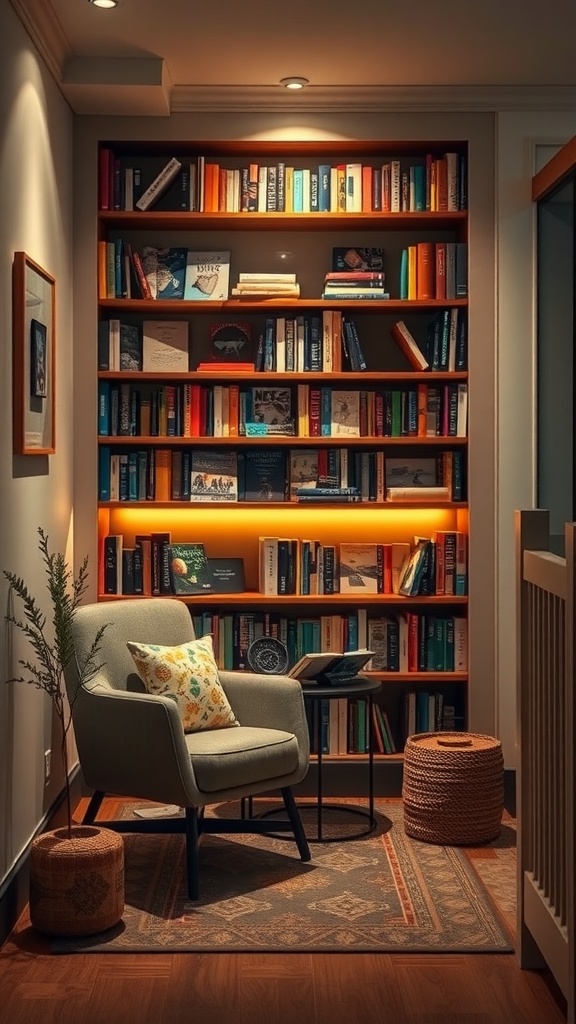 Cozy reading nook with a bookshelf, comfortable chair, and warm lighting.
