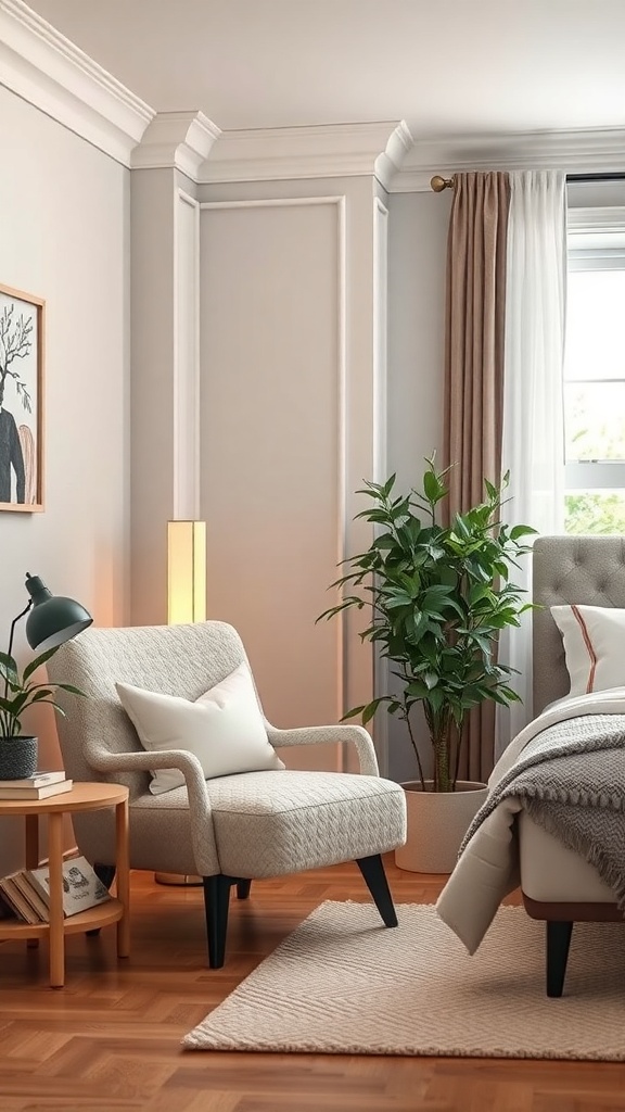 Cozy reading nook with a soft chair, lamp, and plants