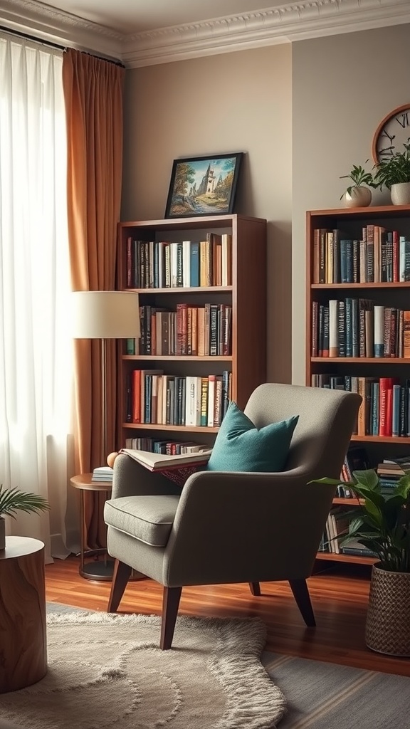A cozy reading nook in a living room featuring a comfortable chair, bookshelves filled with books, a side table, and plants.