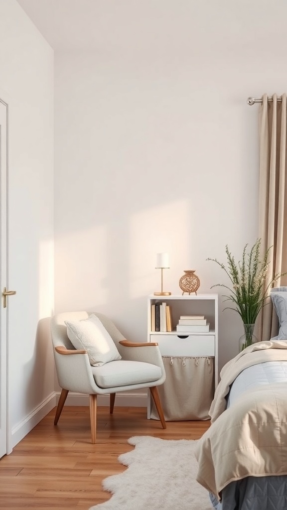 A cozy relaxation corner in a bedroom featuring a comfortable chair, side table, lamp, and plant.