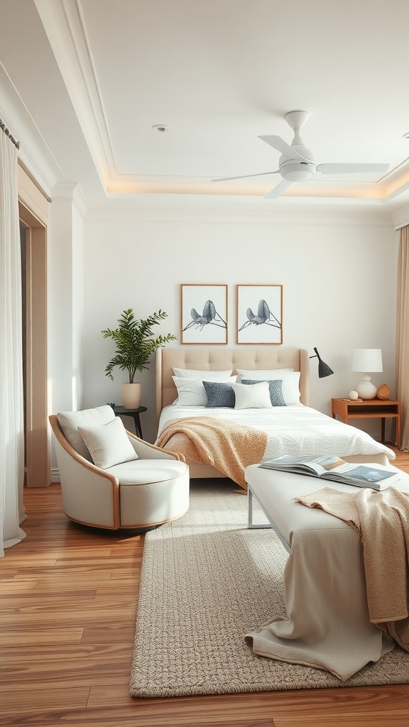 A cozy primary bedroom featuring a relaxation corner with a plush chair, soft bedding, and natural elements.