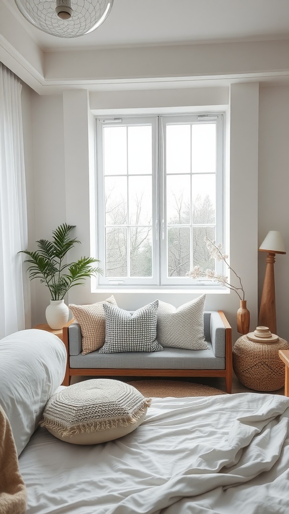 A cozy bedroom corner with a small sofa, decorative pillows, and a plant near a window.