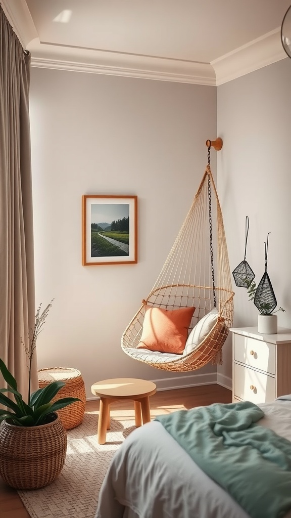 A cozy relaxation nook in a bedroom featuring a hanging chair, warm pillows, plants, and soft lighting.