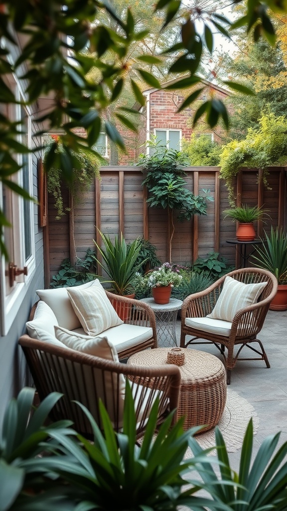 A cozy backyard relaxation zone featuring two comfortable chairs, a round table, and various plants.