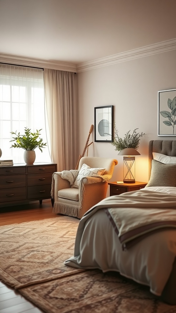Cozy bedroom corner with an armchair, plants, and soft lighting for relaxation.