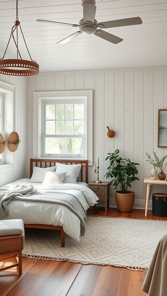 Farmhouse bedroom with wooden bed, plants, and natural light.