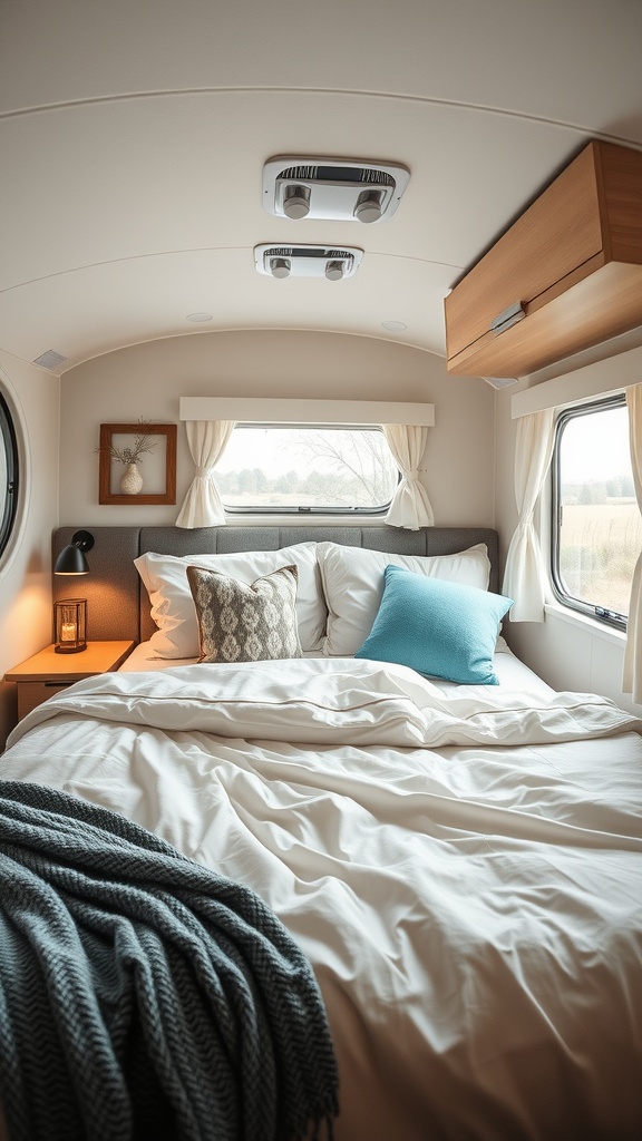 Cozy RV bedroom with white bedding, decorative pillows, and natural light