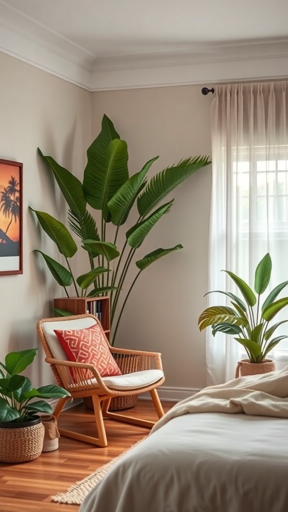 A cozy reading nook with a chair and plants in a bedroom