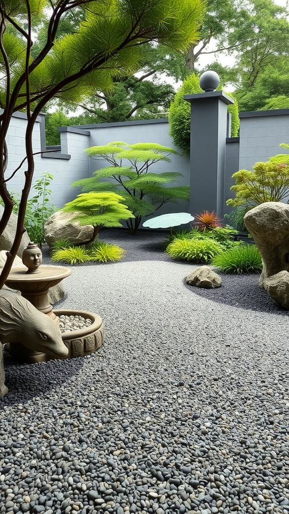 A tranquil Zen garden featuring smooth gravel, lush green plants, a stone fountain, and a relaxing umbrella.