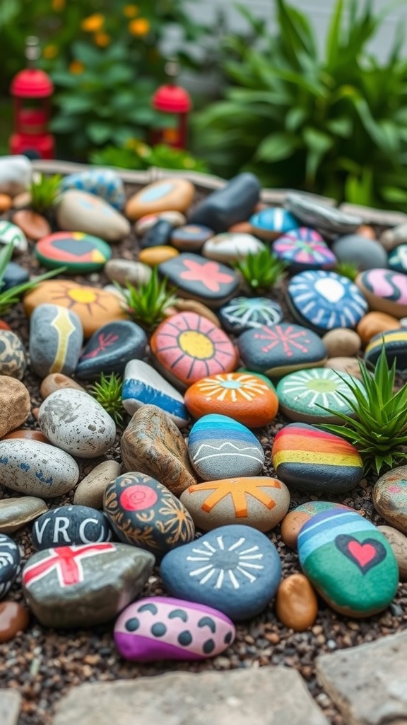 Colorful painted rocks arranged in a garden setting