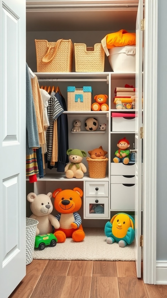 A well-organized toddler closet featuring toys, clothing, and storage baskets