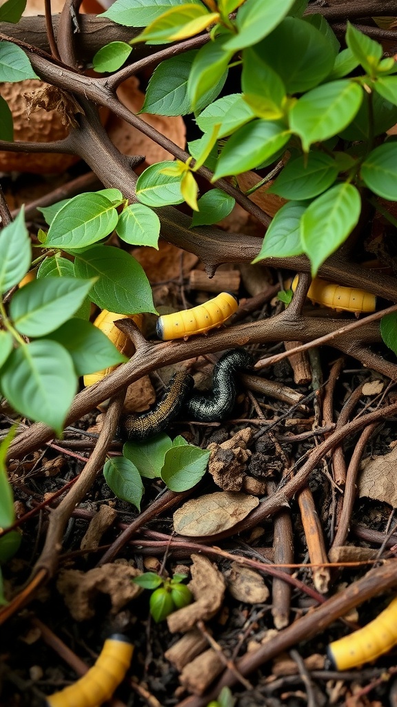 Caterpillars among green leaves and twigs in a natural habitat.