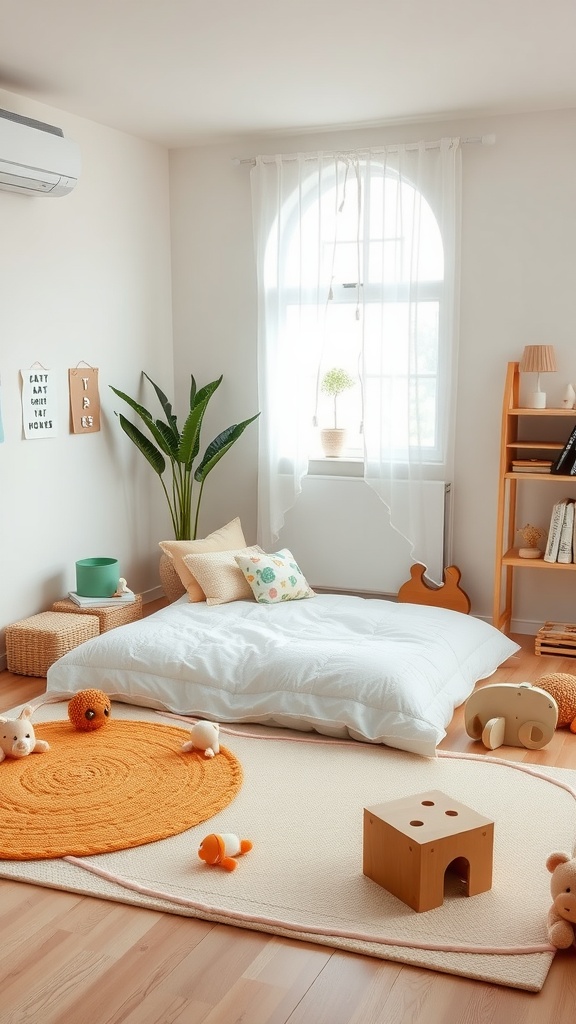 A cozy play area featuring a floor bed, soft toys, and a warm color scheme.