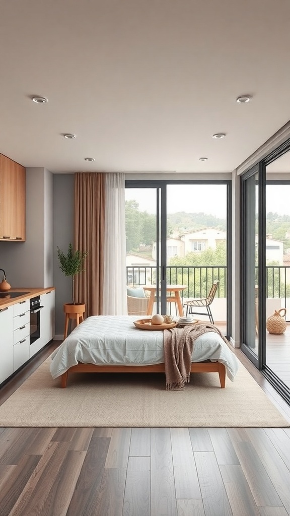 A modern apartment kitchen and bedroom with large glass doors leading to an outdoor balcony.