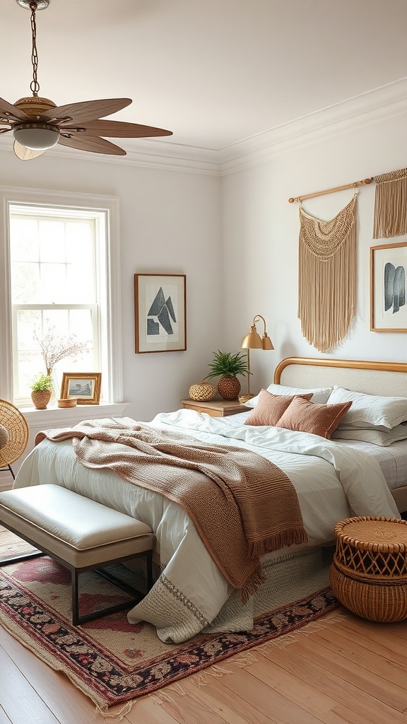 Scandinavian boho bedroom with a bed, woven decorations, and natural elements.