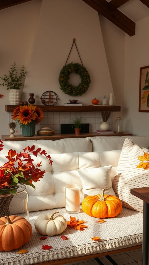 Cozy family room with autumn decor including pumpkins, sunflowers, and a wreath.